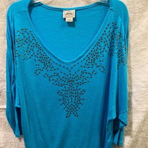 ARIAT Turquoise Womens XL 3/4 Sleeve Embellished Scoop Neck Tee
